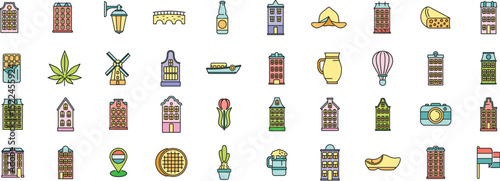 Colorful icons showcasing dutch culture, including traditional houses, windmills, tulips, cheese, and other symbols of the netherlands