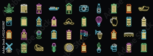 Colorful neon icons representing various aspects of dutch culture, including traditional houses, windmills, cheese, tulips, and clogs, creating a vibrant and iconic image