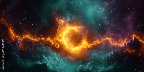 Emerald, Silver, and Fiery Ring Nebula with Twinkling Stars and a Celestial Expanse in Vivid Space