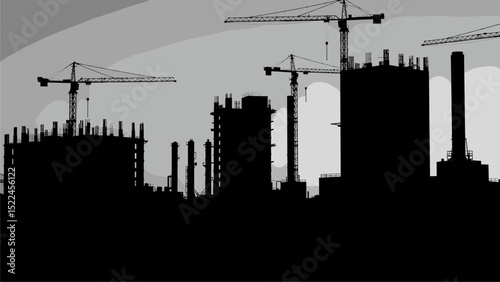 Silhouette of Industrial Construction Site at Dawn