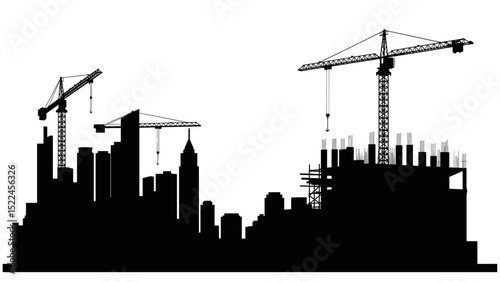 Cityscape Under Construction: Silhouette of Modern Buildings and Construction Cranes