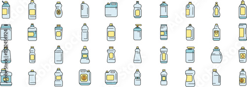 Cleaning product bottles icons set showcasing various containers for detergents, disinfectants, cleaners, and laundry supplies, ideal for representing household chores and hygiene