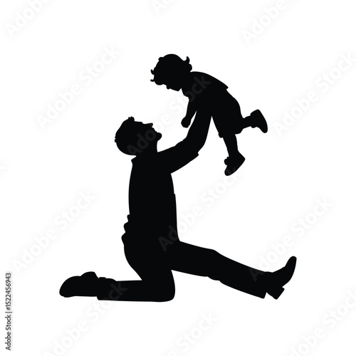 Silhouette of father holds his child isolated on clean white background, happy father's day
