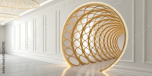 Golden Möbius strip-inspired loops repeating in fractal formation, emerging gently from a white wall panel, highlighted by soft top-down lighting for a futuristic luxe appeal