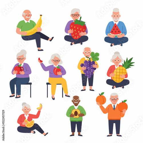 Seniors with fruits healthy eating concept