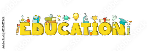 Education banner with icons of school and science. Concept of university, college or school study with text and doodle elements of physics, chemistry research, education, vector illustration