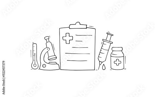 Cartoon science objects with list of medical check up. Doodle vector illustration about medicine isolated on white background.