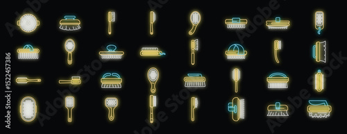 Glowing neon brushes illuminate the night, showcasing diverse tools for cleaning and grooming