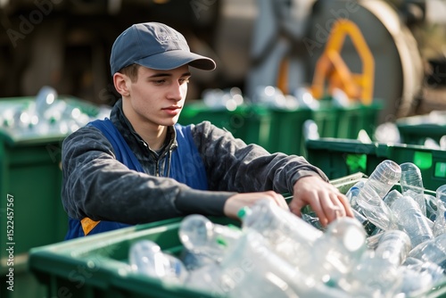 Young man sorts plastic bottles in recycling facility during daylight hours