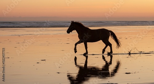 Caballo galopando en la orilla del mar al atardecer con reflejo en el agua, símbolo de libertad y naturaleza salvaje