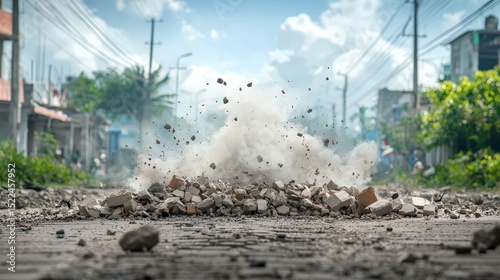 A pile of rubble is on the street, with a cloud of dust and debris