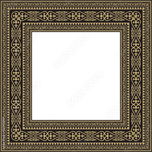 Vector gold with black square Kazakh national ornament. Ethnic pattern of the peoples of the Great Steppe,
