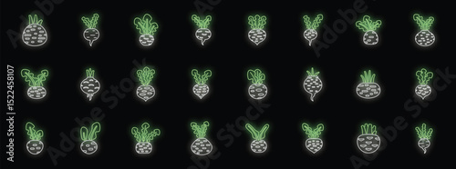 Set of glowing neon beetroots with leaves on black background