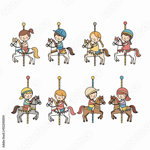 Kids riding carousel horses amusement fun