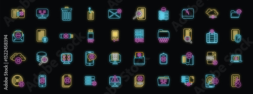 Neon icons representing deleted files, data loss, and various storage devices, highlighting data security and recovery concepts