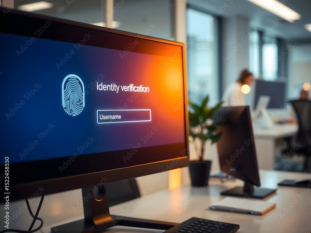 Naklejka premium Identity verification request on screen in modern office setting 