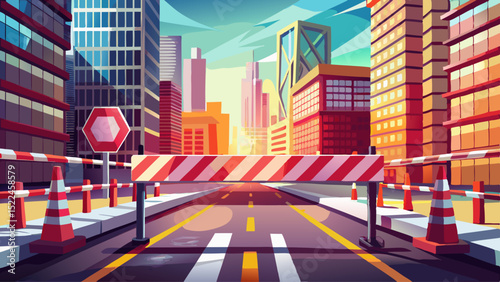 In the heart of the urban morning, a red-and-white barrier rests across the empty road. Close-up textures reflect streetlights. Caution glows softly beneath tall glass buildings and silence.

