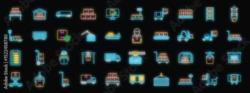 Bright neon icons representing various aspects of warehousing, logistics, and delivery processes, illuminating supply chain management