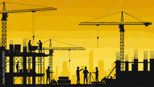 Silhouette of Construction Workers and Cranes Against a Golden Cityscape