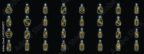 Glowing neon icons depict various bottles containing rolled up messages, symbolizing communication, secrets, and maritime tradition