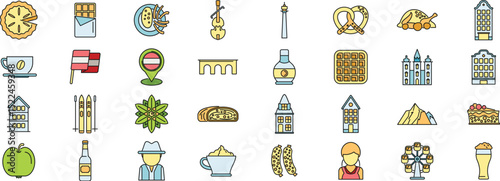Colorful icons representing austrian culture, food, and landmarks, ideal for travel guides and tourism promotion