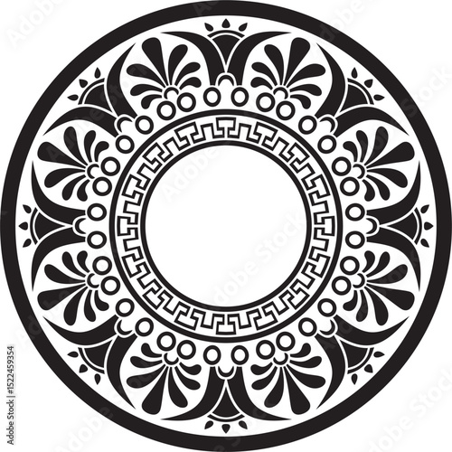 Vector black monochrome classic Greek round ornament. Circle of Ancient Greece and the Roman Empire. Byzantine painting of walls, floors and ceilings. Decoration of European palaces.
