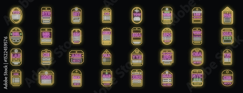 Glowing neon luggage tags featuring iata airport codes from various global destinations, creating a vibrant travel themed design
