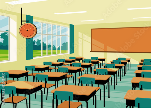 Vector illustration of a classroom interior with desks, chairs, a large wall board, and a clock. Perfect for education, school, learning, and academic-themed design projects