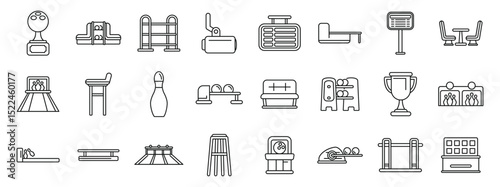 Bowling club interior icons set. Bowling icons depict various aspects of the sport, including equipment, scoring, seating, and the bowling alley environment