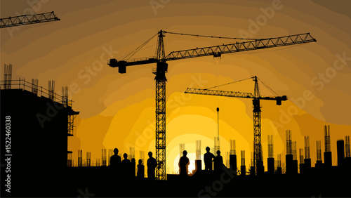 Silhouetted Construction Workers at Sunset, Urban Development