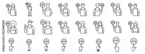 Spinning ball finger icons set. Diverse basketball players spinning ball on fingertip, line icons set representing skill, agility, and control in the sport