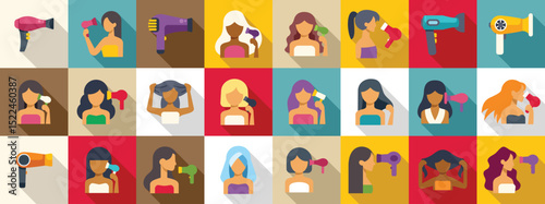 Girl dries hair icons set. Colorful flat design icons of women using hair dryers to style their hair, showcasing various hair types and drying techniques