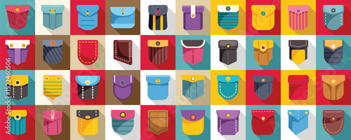 Patch pocket icons set. Colorful collection of pockets showcasing diverse styles, materials, and stitching details, suitable for fashion and apparel projects