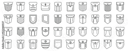 Patch pocket icons set. Pocket icons set demonstrating diverse shapes and stitching details, perfect for clothing designers seeking inspiration