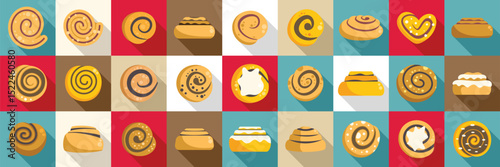 Cinnamon bun icons set. Cinnamon roll icons set showing various types of delicious pastries with swirls and frosting