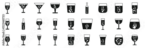 Bubble fizz icons set. Different types of glassware filled with sparkling drinks, showcasing the refreshing bubbles
