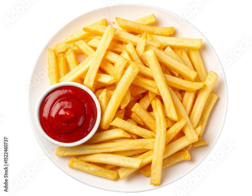 Top view of French fries with ketchup on plate – transparent background

