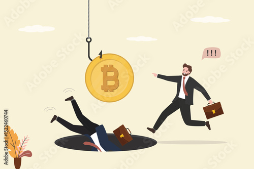 Business people going to find profit from cryptocurrency. Bitcoin bait with pit hole, business trap and crypto crisis. Danger or business accident, loss or debt pitfall.