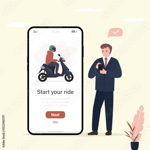 Bike, moped for rent, male customer uses mobile phone for renting and payment motorcycle. App for renting scooter. Urban transport. Online service, modern technologies.