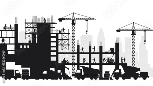 Urban Construction Skyline: Silhouette of a Busy Building Site