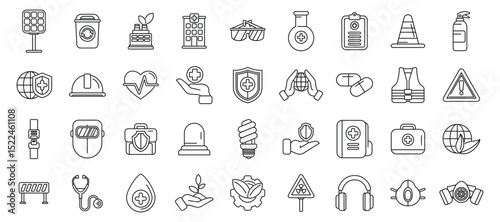 HSE icons set. Protecting workers and planet with healthcare, security measures, and eco conscious practices