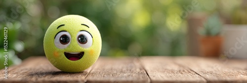 Joyful Emoji Mascot on Wooden Planks Cheerful and Smiling Character Representing Happiness and Fun