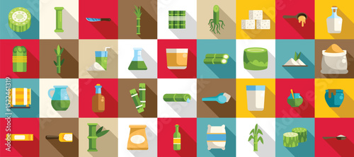 Sugarcane icons set. Sugarcane agriculture industry icons showing various stages of growth, processing, and products derived from the plant, including rum, sugar cubes, and molasses