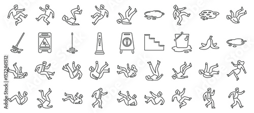 Slip people icons set. Line icons representing people falling down due to slippery surfaces, obstacles, or missteps, highlighting workplace safety and accident prevention