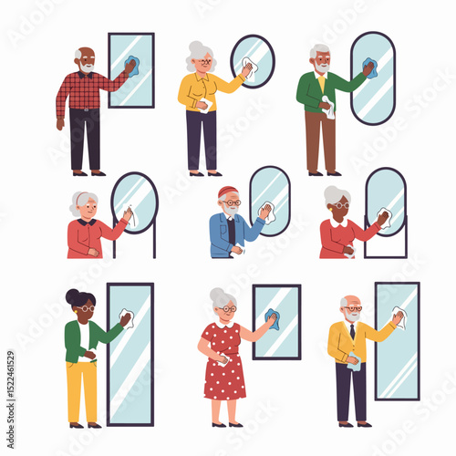Elderly people cleaning mirrors collection