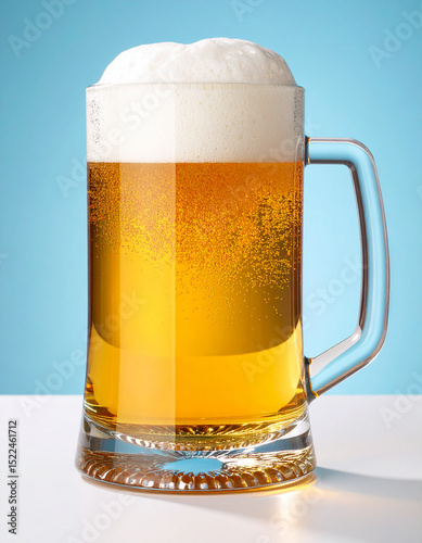 Una jarra de cerveza dorada fria con espuma a contraluz en fondo azul
