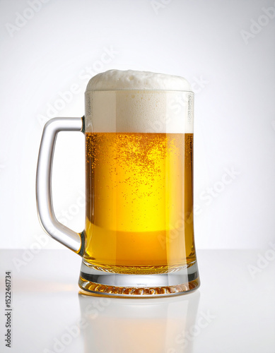 Una jarra de cerveza dorada fria con espuma a contraluz en fondo blanco