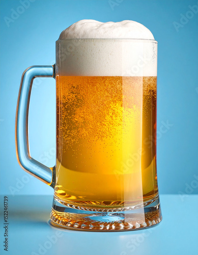 Una jarra de cerveza dorada fria con espuma a contraluz en fondo azul