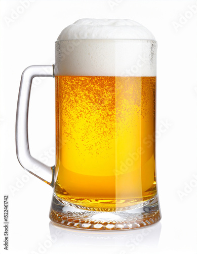 Una jarra de cerveza dorada fria con espuma a contraluz en fondo blanco