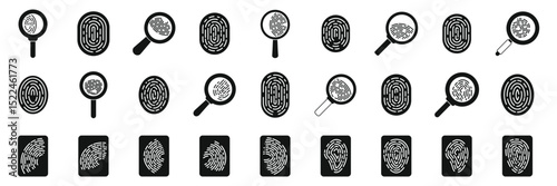 Evidence fingerprint icons set. Set of fingerprint icons representing the process of analyzing fingerprints with a magnifying glass for identification and verification purposes